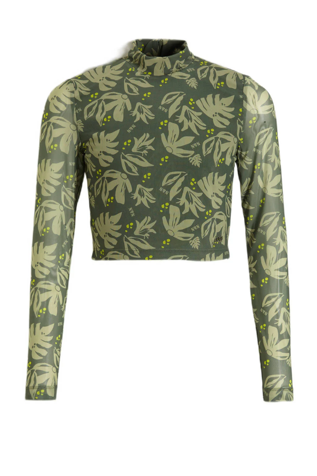 NIK&NIK semi-transparantetop Leavy met all over print en mesh donkergroen