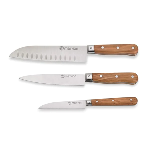 Set couteau d'office + couteau de chef + santoku en bois d'olivier et