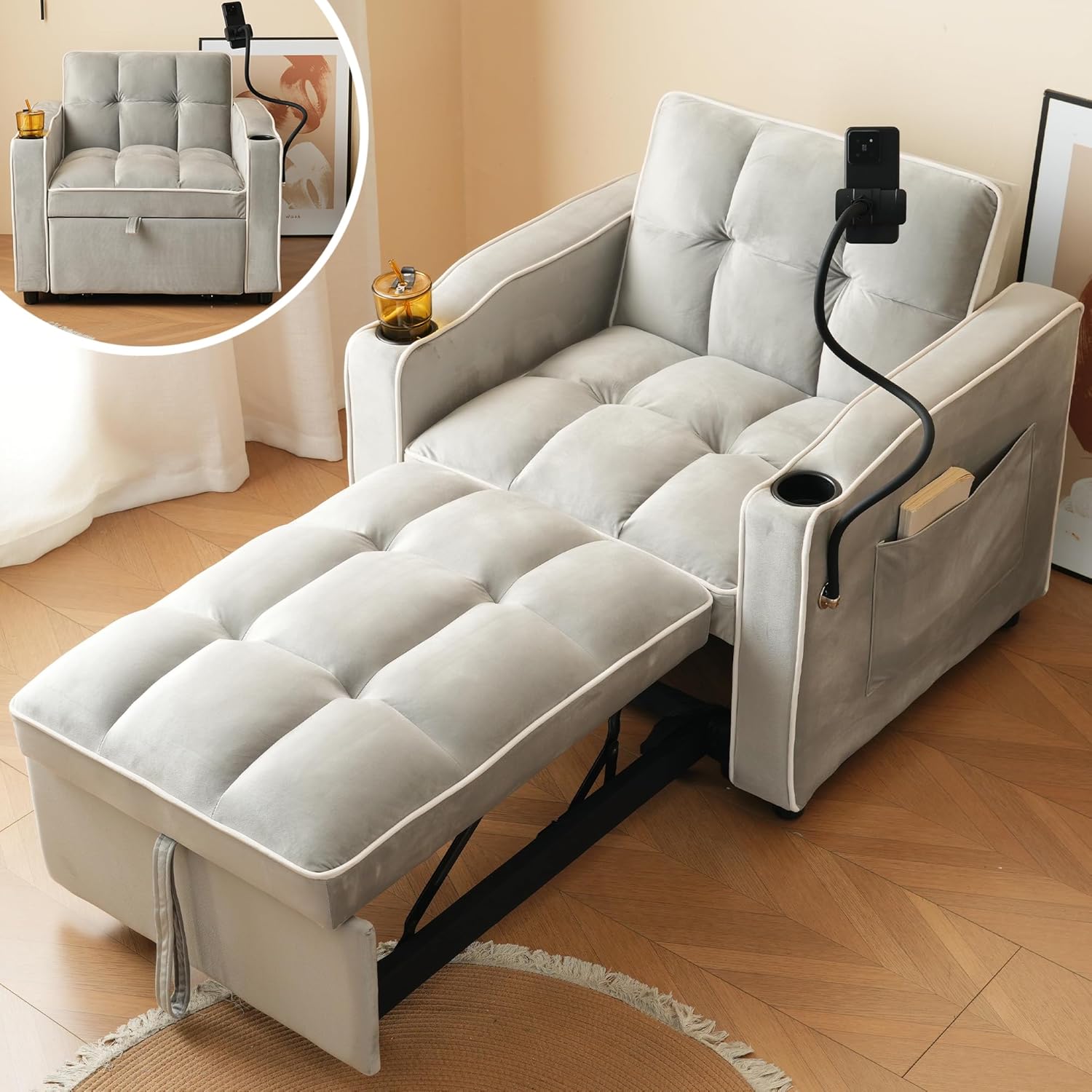 3-in-1 Ausziehbares Einzel-Schlafsofa – Mit Getränkehaltern und Handyhalter, Sofa-Liegestuhl, Schlafstuhl, Sessel, Perfekt für kleine Räume,83 * 167 * 76cm,Antikgrau-Weiß
