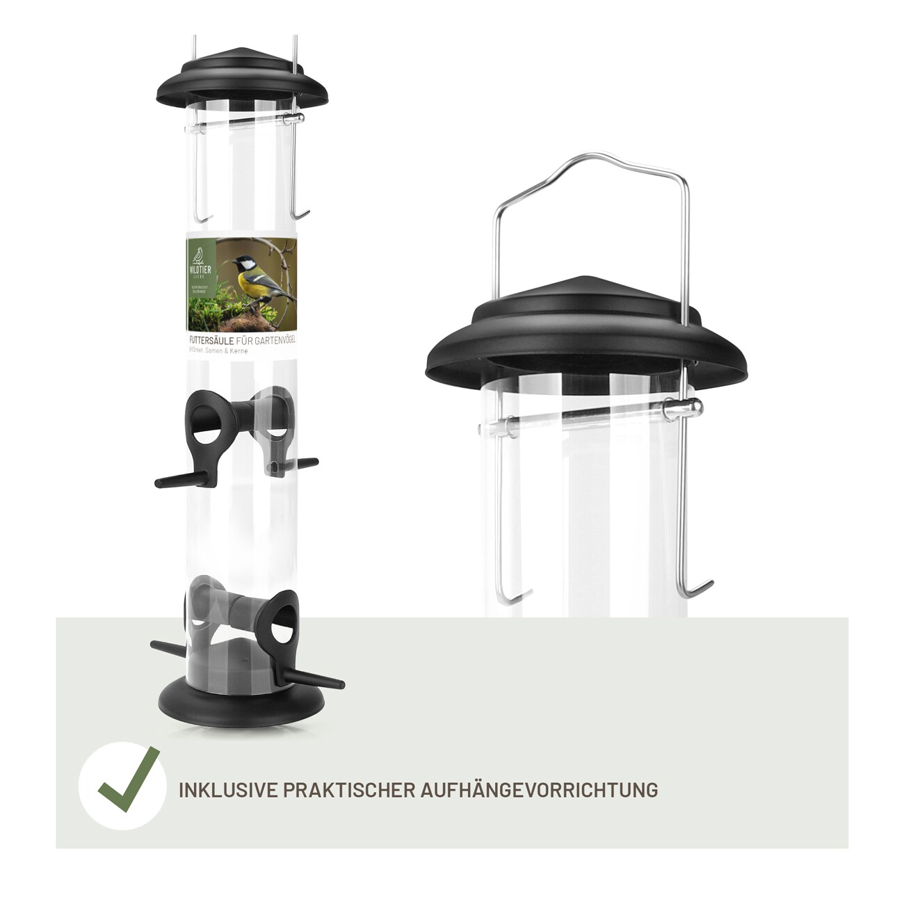 wildtier liebe Futtersäule für Samen, Körner & Kerne 38cm, Schwarz