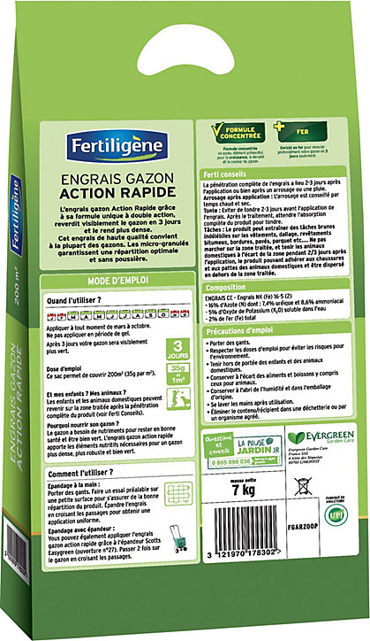Engrais gazon 3 jours Fertiligène 200m²