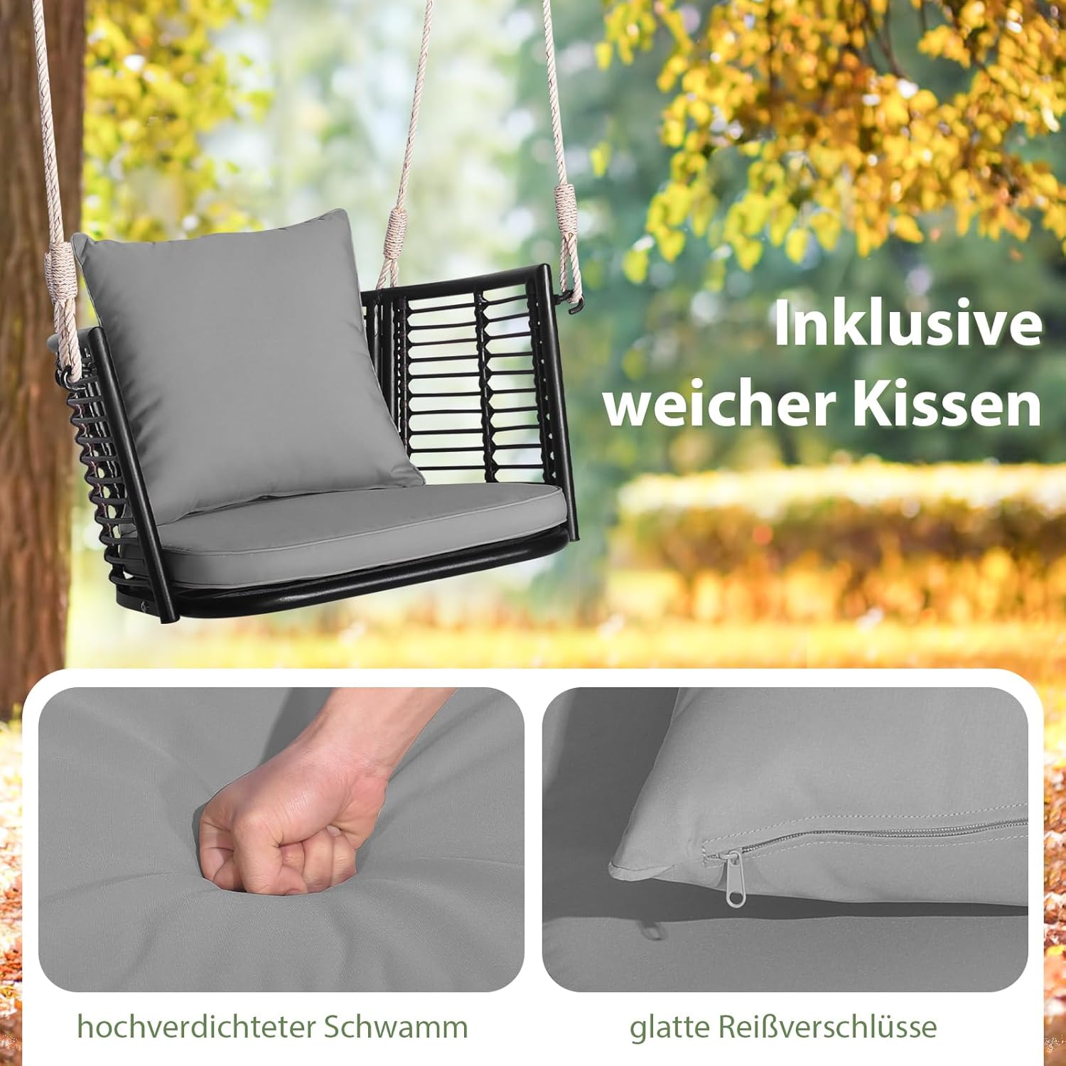 COSTWAY Hängesessel Rattan, bis 180kg belastbar, Hängesitz mit Kissens & Metallrahmen & Hängeseilen, Hängestuhl Schaukelstuhl Schaukel, Schaukelsessel für Veranda Garten Hinterhof (Grau)