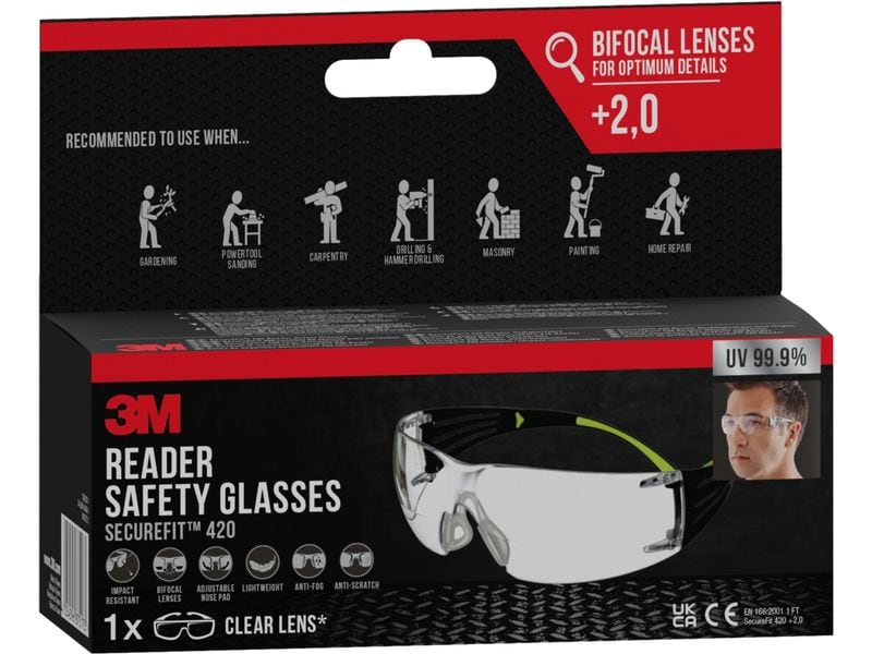 3M Schutzbrille SecureFit 420 mit  2.0 Dioptrie, Transparen Bügelbrille mit Lesebrille SF420 und  2.0 Dioptrie