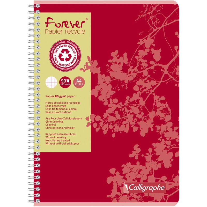 Cahier recyclé spirale Clairefontaine Forever A4 21 x 29,7 cm - petits carreaux 180 pages
