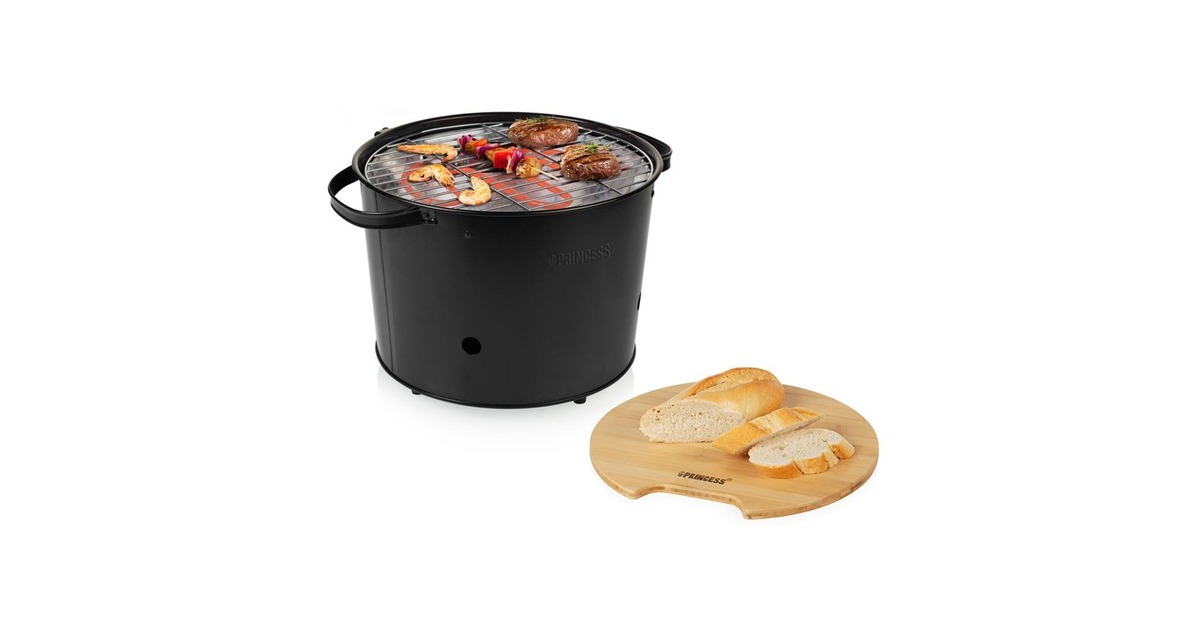Princess112240 Hybrid Bucket Barbecue | Elektrisch | Houtskool  (Zwart, Ø 32 cm | incl. luxe bamboe serveer- en snijplank)