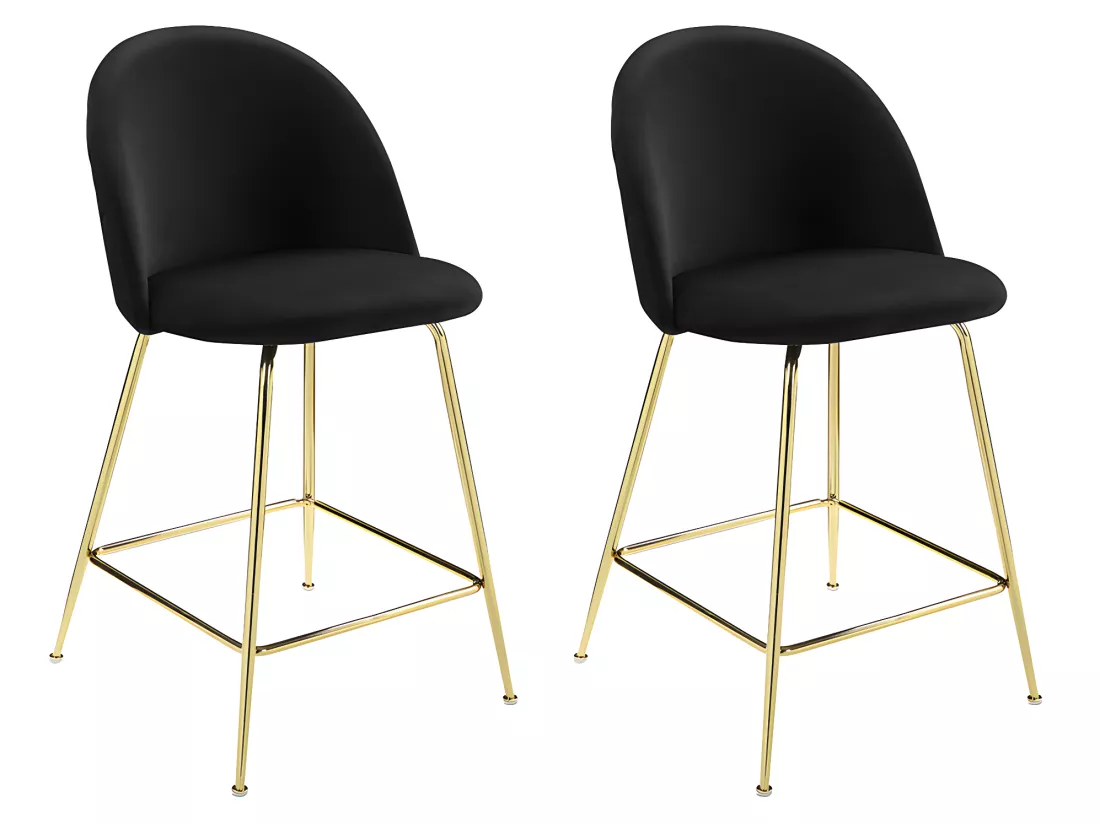 Lot de 2 tabourets de bar en velours et acier inoxydable doré - Noir - MELBOURNE