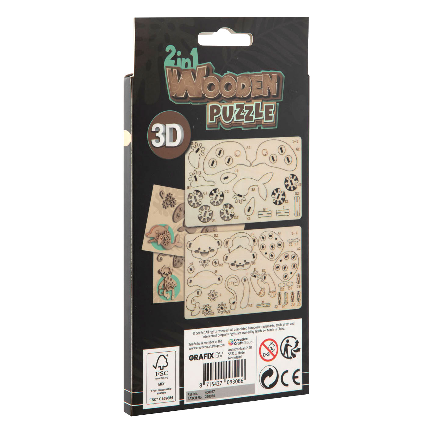 2-in-1 Houten Bouwpakket 3D Puzzel - Dolfijn en Aap
