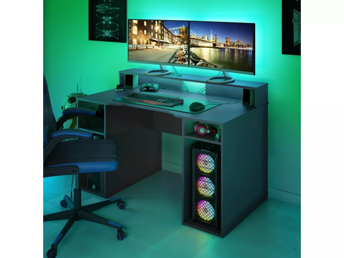 Table de bureau gamer OZONE - Noir - 136 x 67 x 88 cm - Avec étagere supérieure pour écran