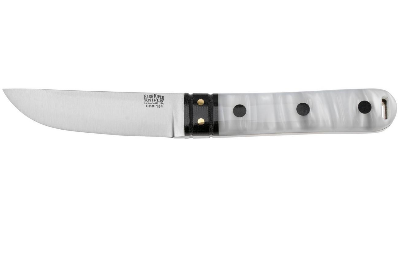 Bark River Kitsuné Tanto CPM 154 White Pearl Kirinite Black Micarta Bolster and Pins, vaststaand mes