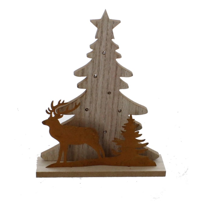 Baum und Hirsch mit LED - aus Holz - 18x5x23,5 cm