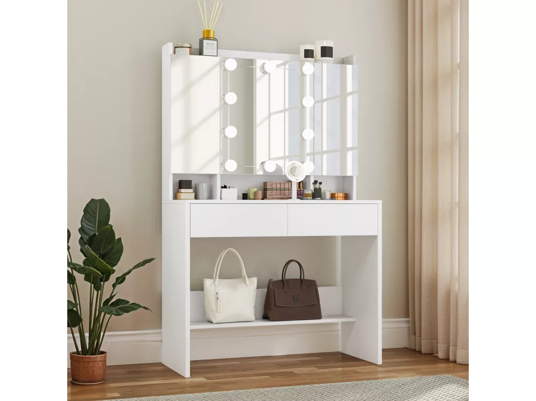 YITAHOME Coiffeuse avec Miroir - 3 Couleurs avec Luminosité Réglable - Coiffeuse avec Étagères pour Maquillage - 2 tiroirs - Blanc