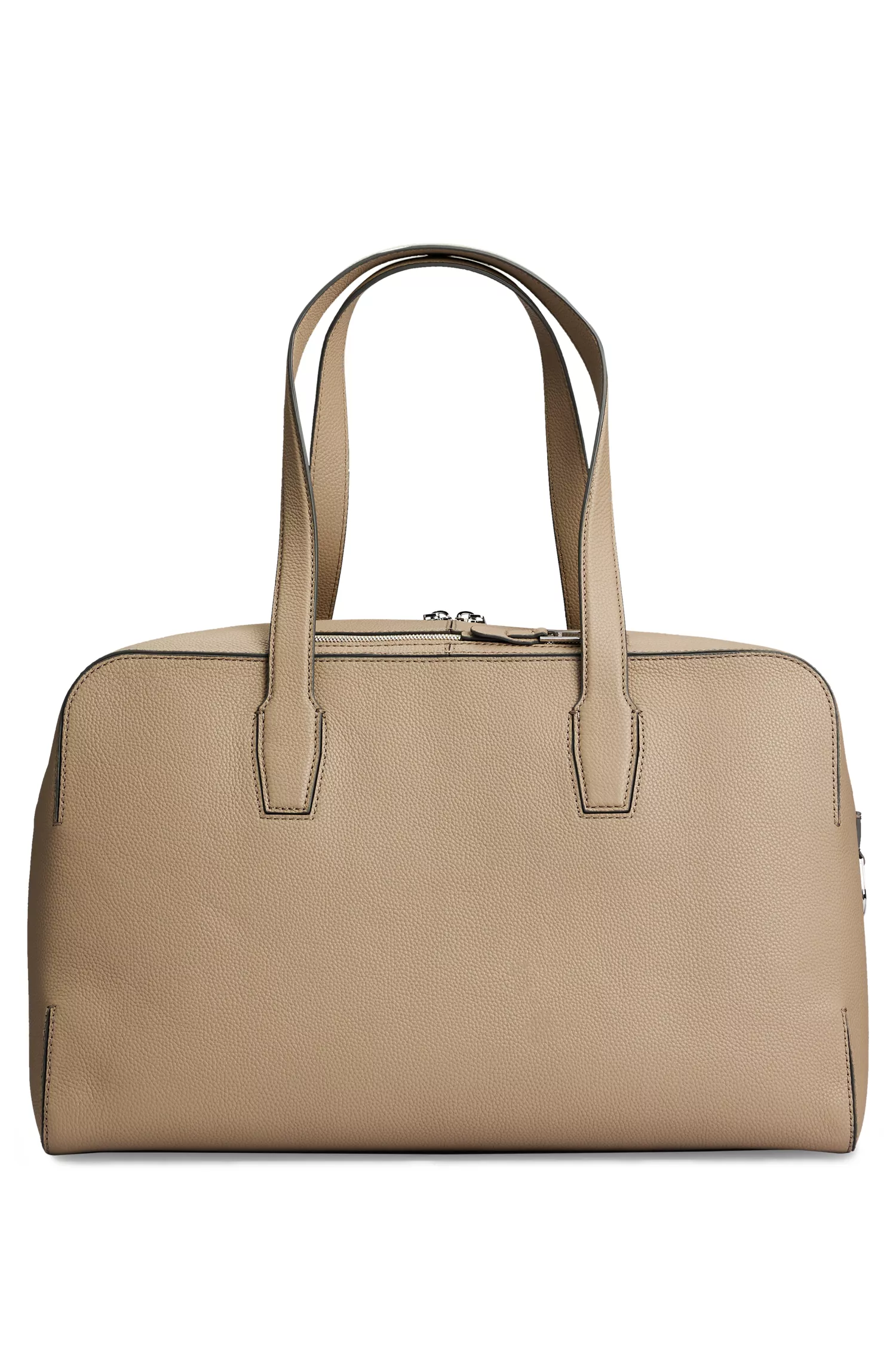 Bolsa de viagem BOSS preta com zíper, em couro granulado e com a inscrição do logotipo.