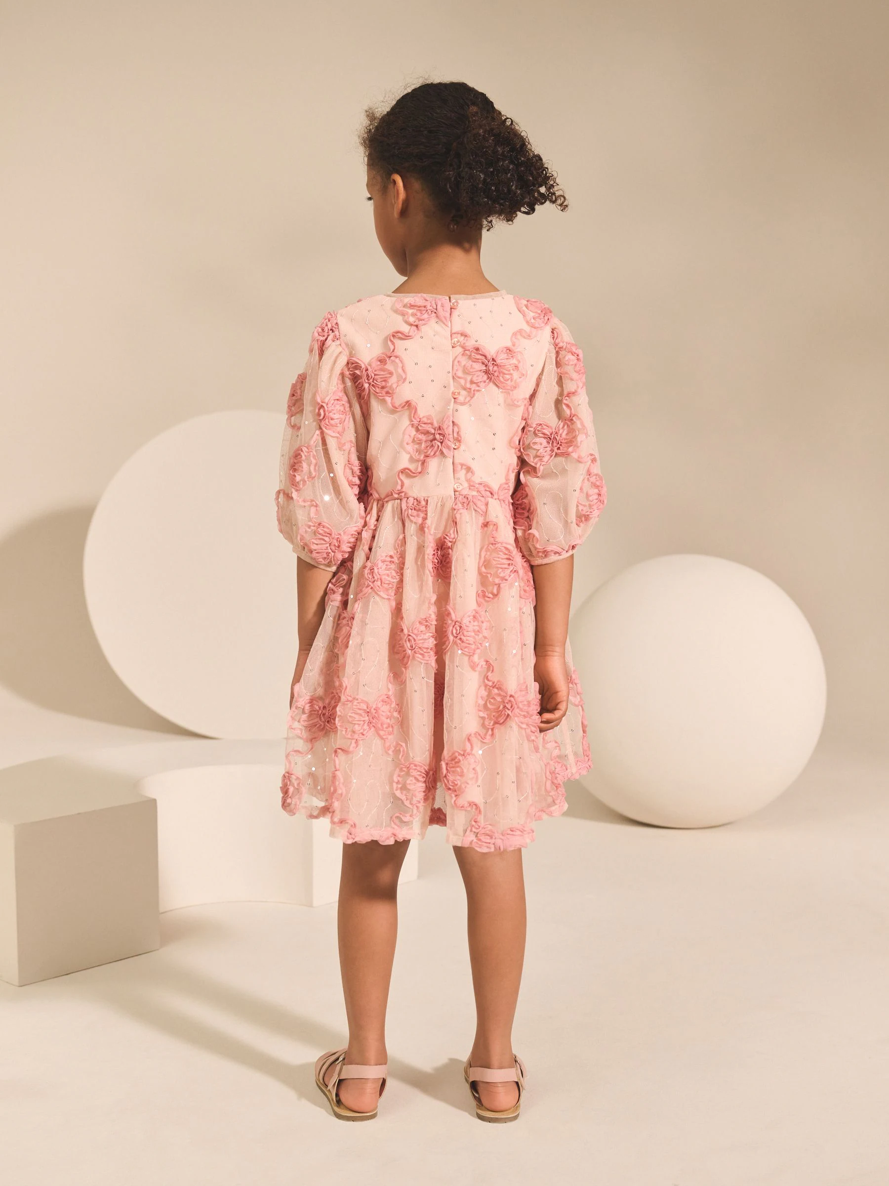 Roze - Jurk met mesh en strik (3-16jr)