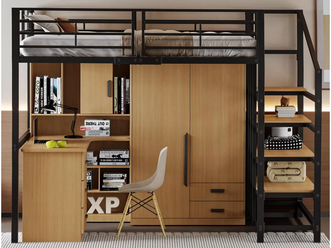 Lit mezzanine 140x200cm en métal - avec étagères et échelle de sécurité - Noir (matelas non inclus)