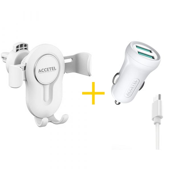 Accetel Pack Auto Suporte SP118   Cabo Type C   Carregador para Apple iPhone 16 Plus CC267 2X USB 2.4A Branco
