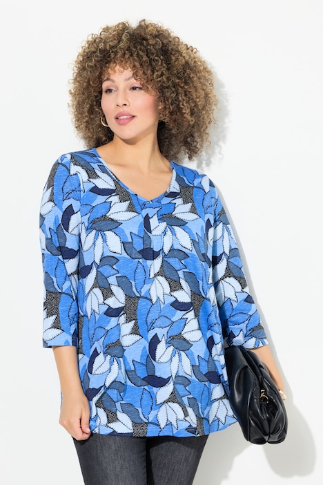 Shirt, Blätter, A-Linie, V-Ausschnitt, 3/4-Arm