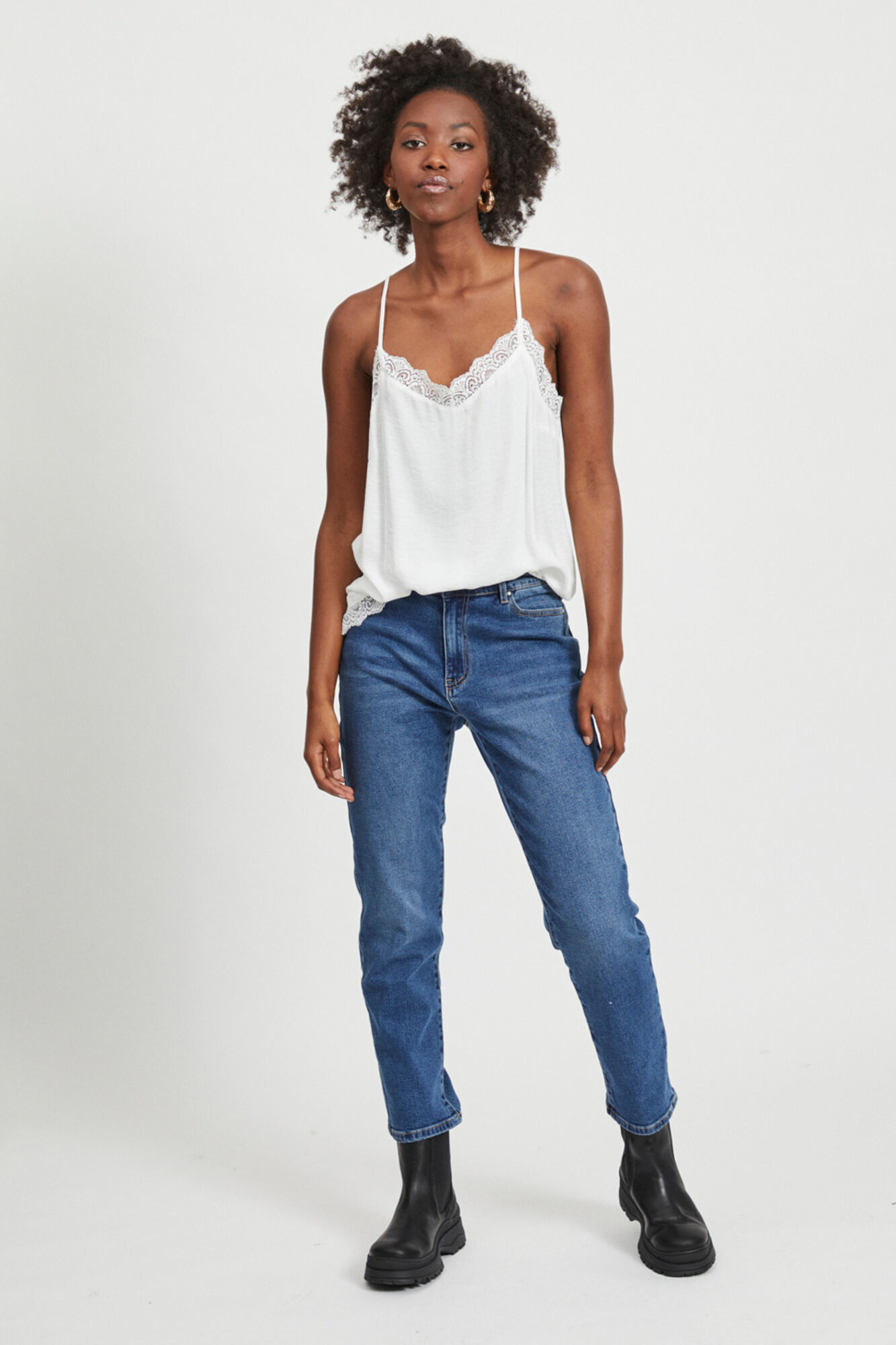 Top feminino de alças finas com detalhes em renda - Branco