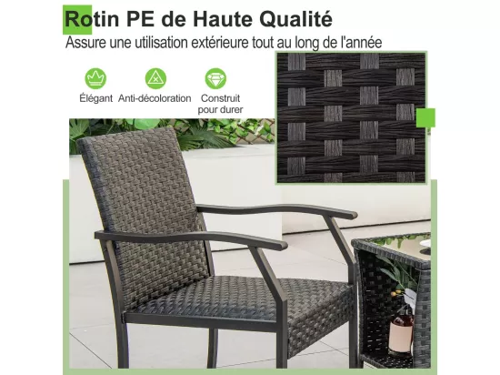 Ensemble de Meubles 3 Pcs de Patio en Rotin et fibre naturelle Tissé Charge 150KG, Salon de Jardin 2 Fauteuils avec Siège Rembourré Table Basse Plateau en Verre Trempé, pour Jardin Balcon