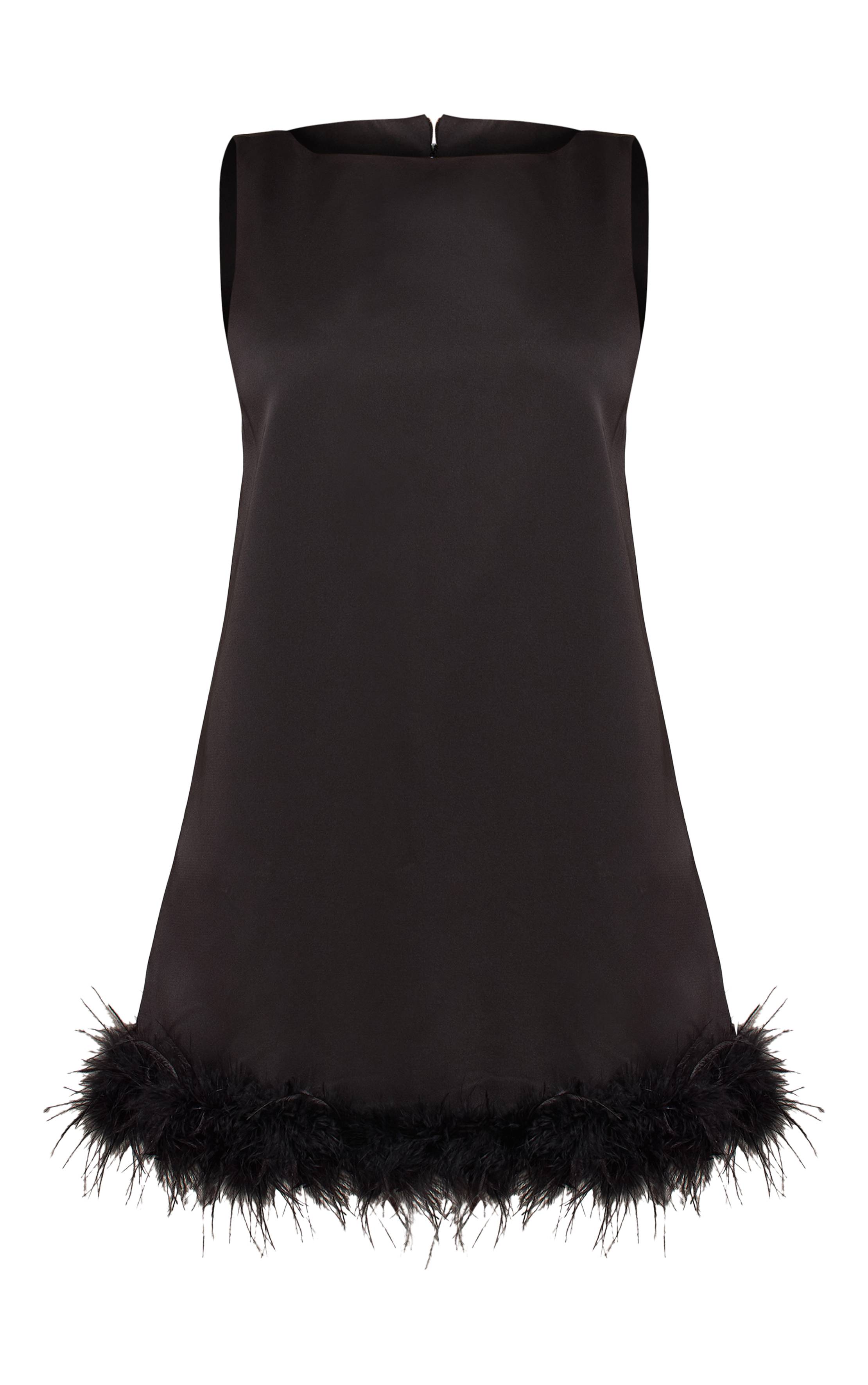 Noir Robe Droite Tissée À Ourlet Plumes