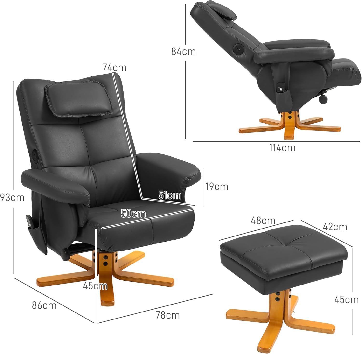 HOMCOM Relaxsessel mit Hocker, 360°drehbarer Fernsehsessel mit Knetmassage und Vibrations-Massage, Liegefunktion, Massagesessel mit USB- und USB-C-Anschlüssen, Seitentasche Kunstleder Schwarz