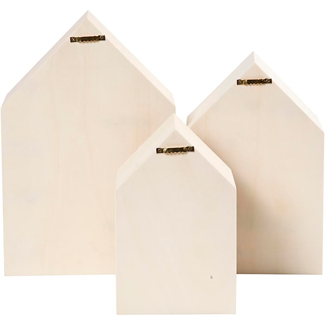Oppbevaringskasser, hus, H: 20,3+25,3+31 cm, D: 10 cm, B: 13+16,2+20 cm, 3 stk./ 1 sett