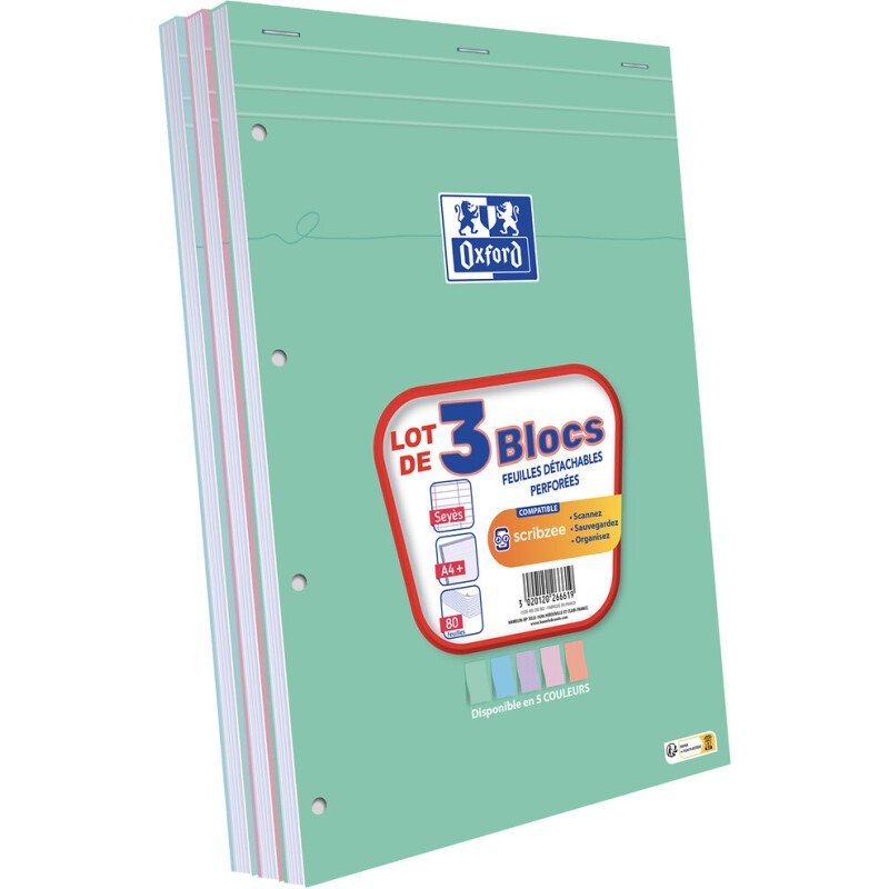 3 blocs oxford smart agrafes 4 trous 210x315 160p seyes optik paper assortis