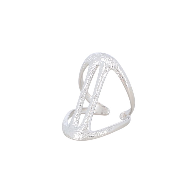 Bague ajustable en acier argenté composée de formes géométriques ajourées et texturées