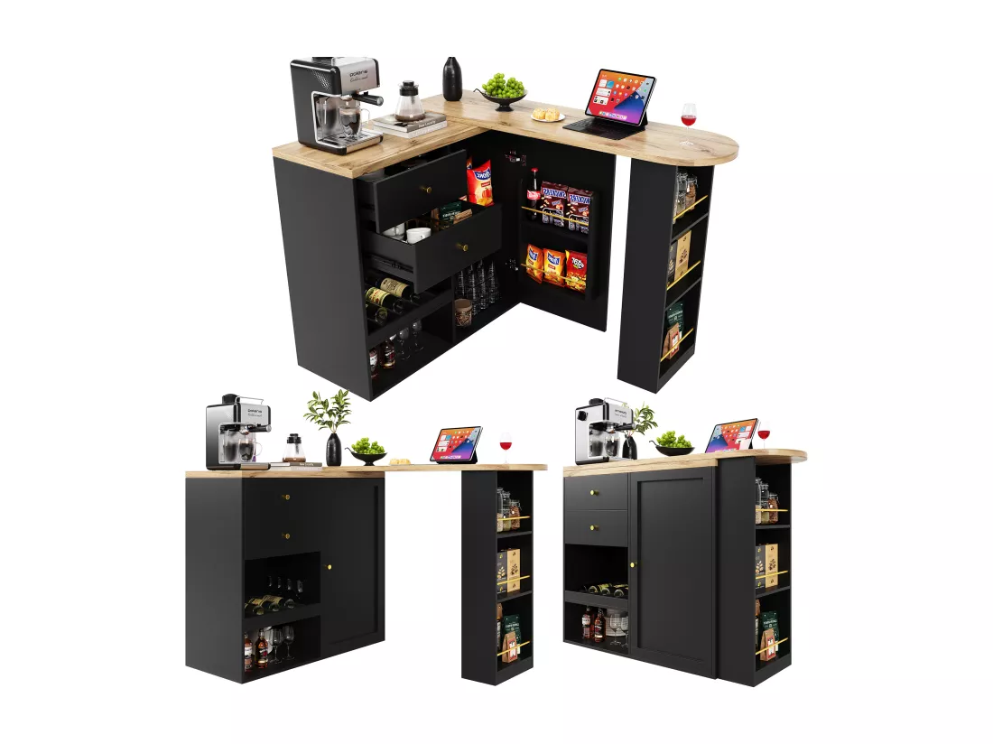 Meuble de bar pivotant - une porte, 2 tiroirs, 3 étagères & 2 niches - MDF plateau effet bois - 138 cm/105x39x102 cm - Noir