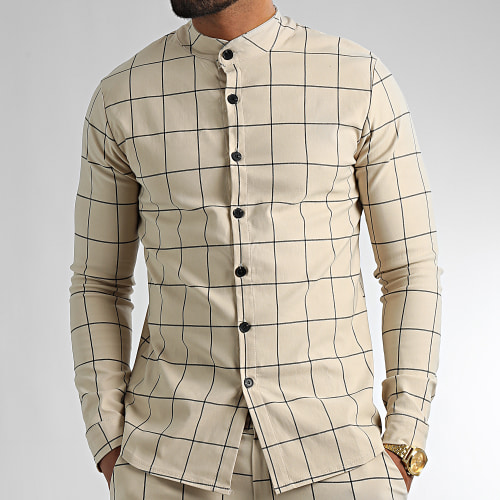 Ensemble Chemise Manches Longues Et Pantalon Carreaux Beige