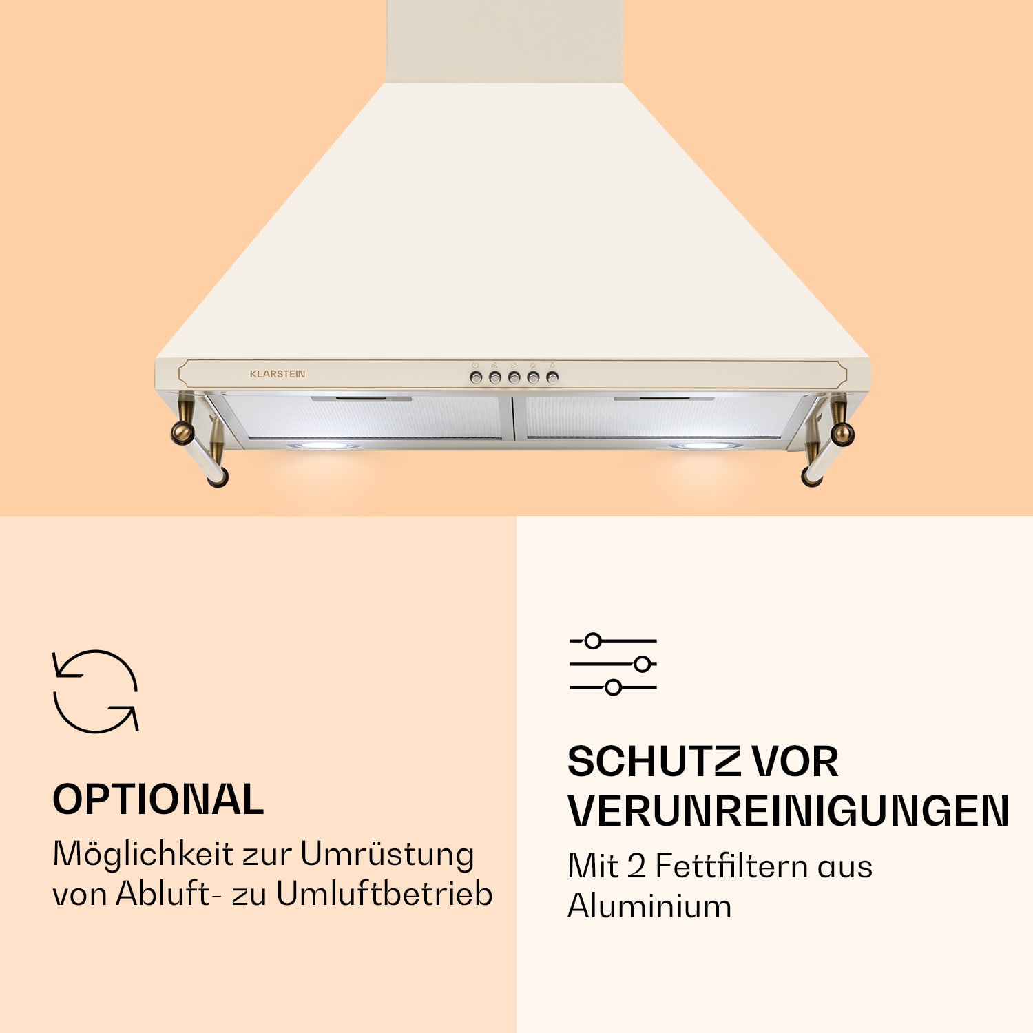 Victoria Dunstabzugshaube 60cm Retro-Design 644,5m³/h 2 LED-Lampen Elfenbein
