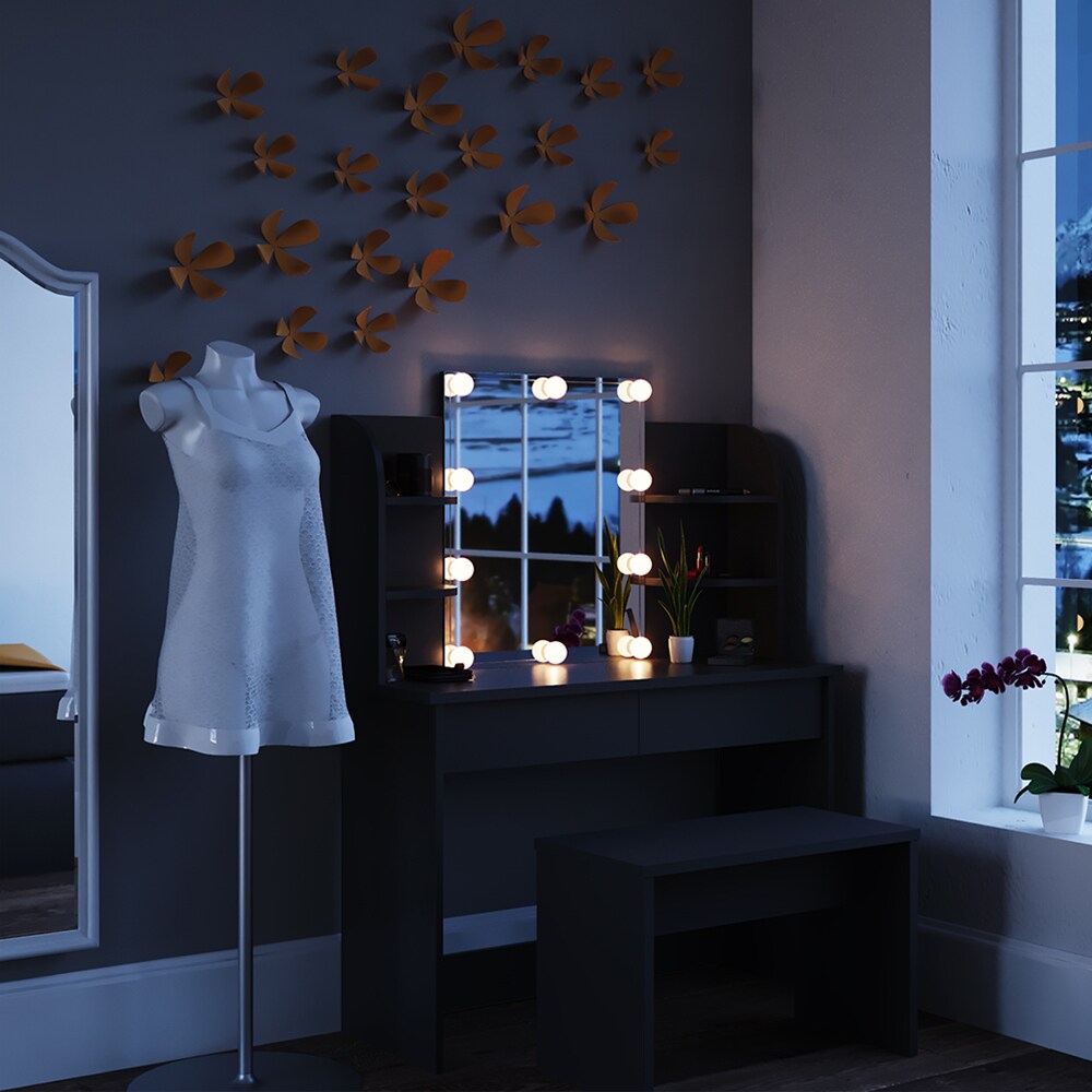 Vicco Schminktisch Charlotte Frisiertisch Kommode Frisierkommode Spiegel Schwarz inklusive Bank und LED-Lichterkette