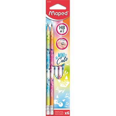 Maped Mini Cute - 6 Crayons graphite HB embout gomme - disponible dans différentes couleurs