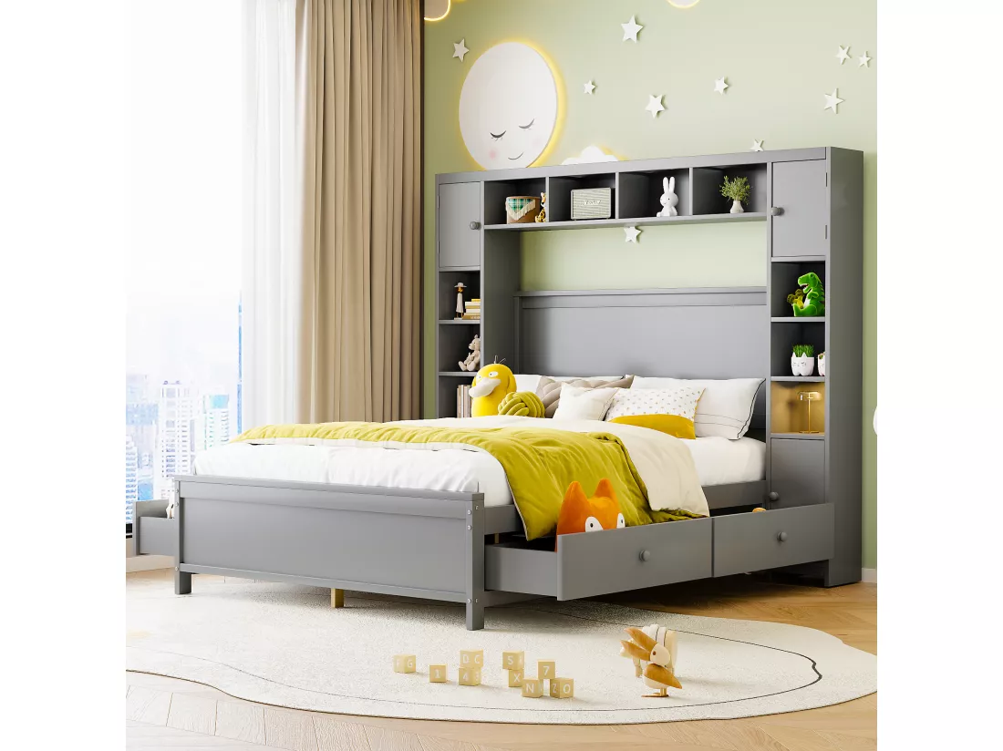 Lit 140 x 200 cm avec 4 tiroirs et rangement - Bois massif - Décor gris - CONAN