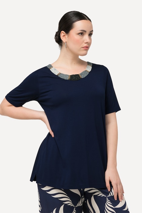T-Shirt, Perlenstickerei, A-Linie, Rundhals, Halbarm