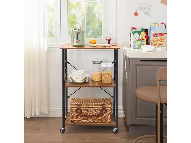 VASAGLE Küchenregal mit 6 Haken 60 x 89 cm, Braun/Schwarz Regal auf Rollen