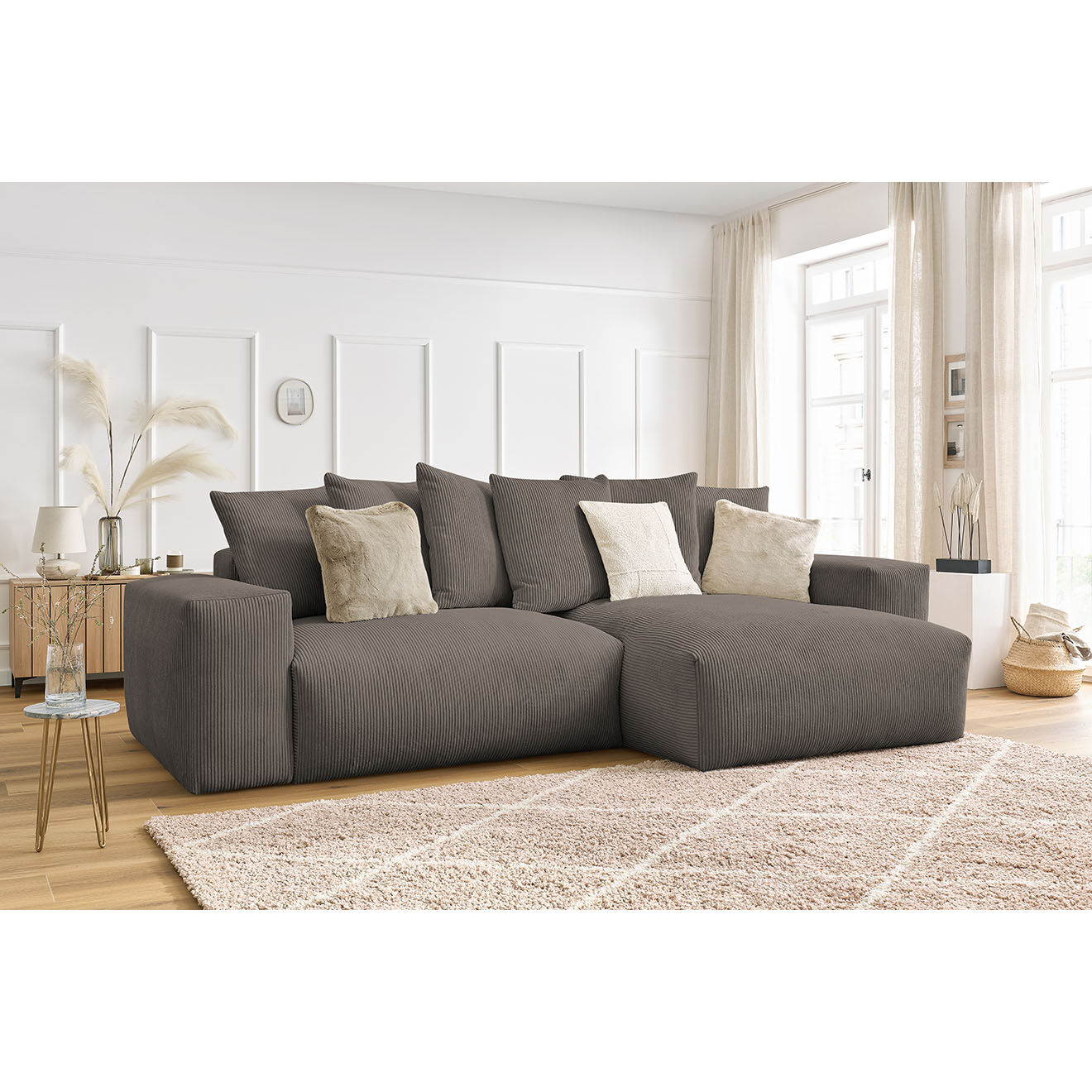 Bobochic Canapé d'angle réversible ultra moelleux voltaire velours côtelé taupe - 310x174x75 cm