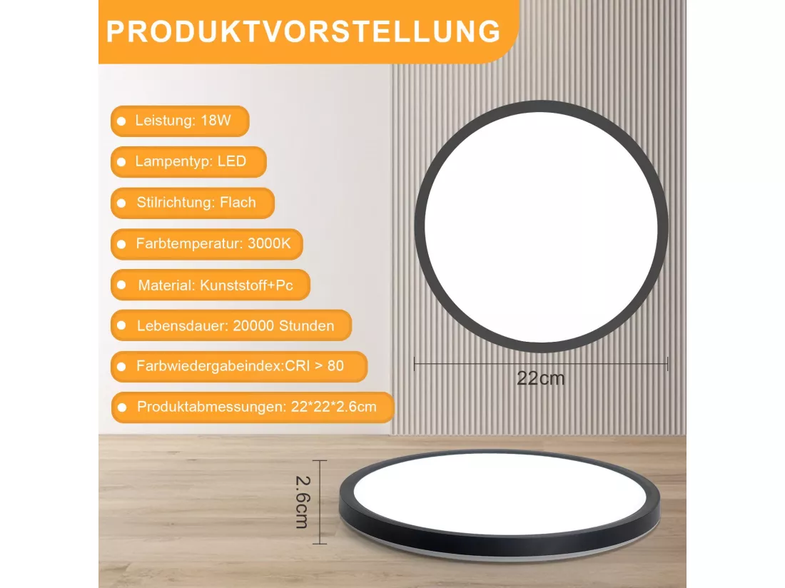 NETTLIFE Plafonnier LED Salle de bain Plat 30CM 24W Rond Blanc Plafonnier Cuisine Non-variable