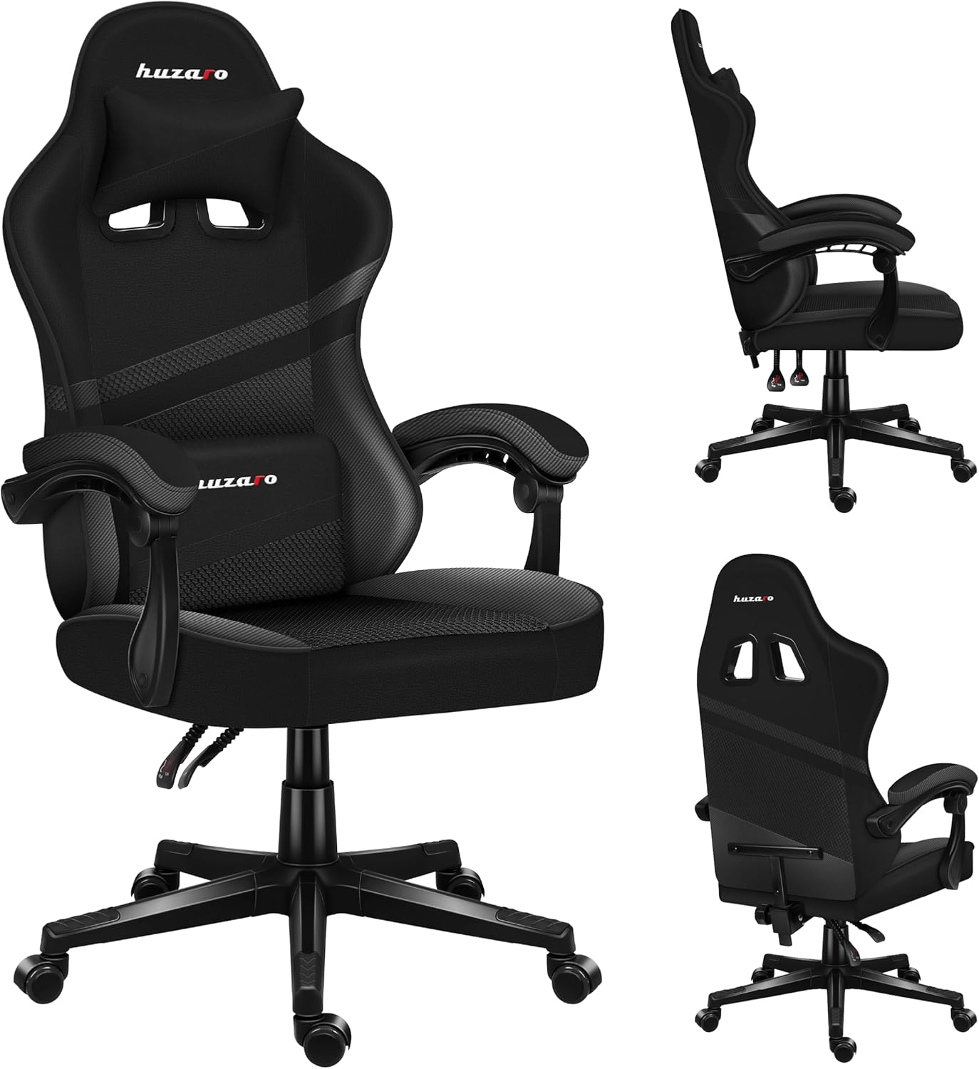 huzaro Force 4.4 Carbon | Gaming Stuhl PC Bürostuhl Schreibtischstuhl Ergonomischer Gamer | bis 130 kg belastbar | Kopfstütze Lendenkissen | Stoff Kunstleder | Schwarz Höhenverstellbar Wippfunktion