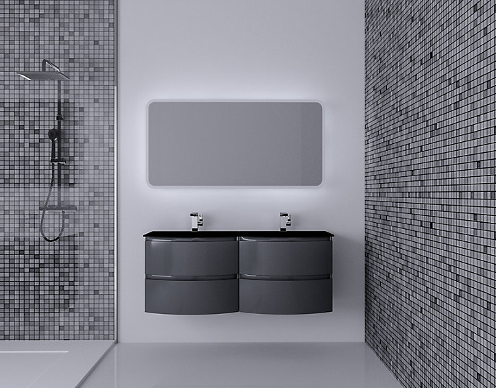 Ensemble salle de bains l.138 cm meuble sous vasque gris anthracite brillant + plan double vasque verre noir mat Vague