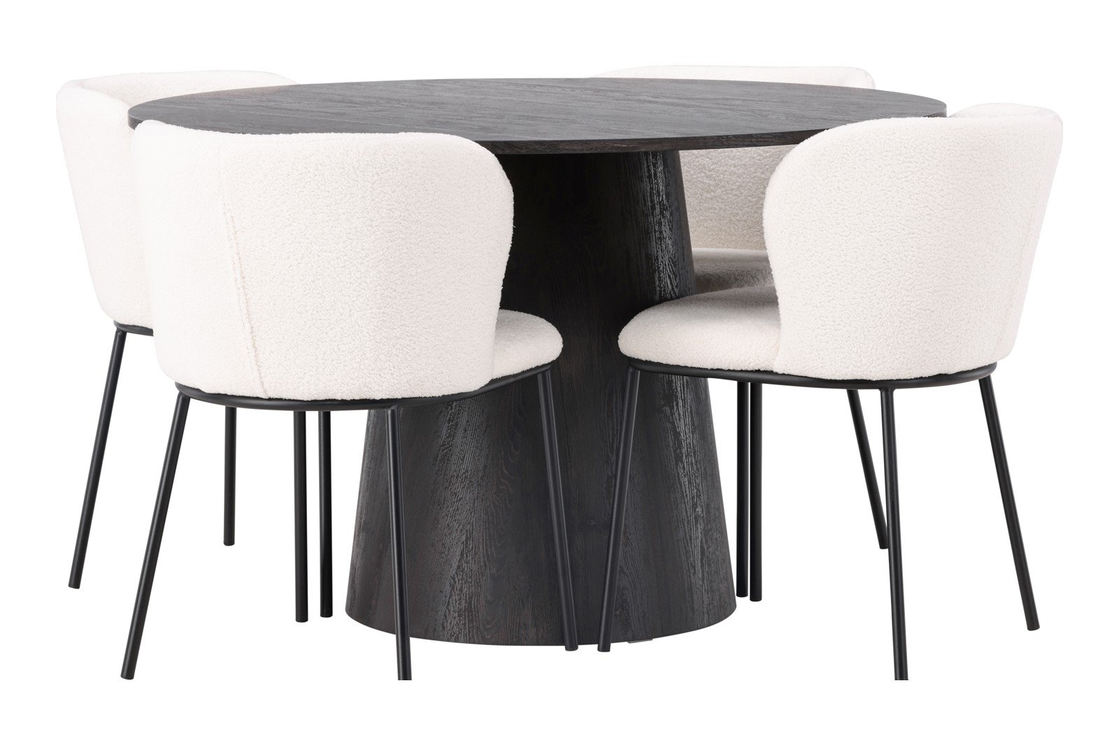 Lanzo og Edina Spisegruppe Lanzo rundt spisebord ø120cm i mocca med 4 stk. Edina spisestoler i White bouclé og sorte ben.