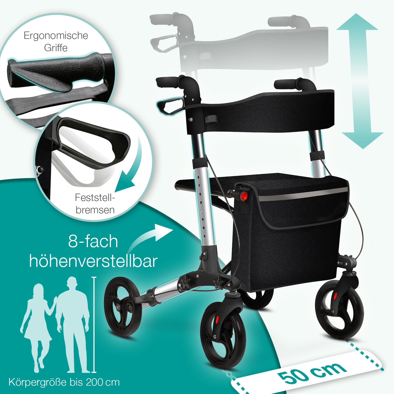 aktivshop aktivshop Rollator faltbar und leicht mit Sitz, Leichtgewicht-Reiserollator aus Aluminium, Gehhilfe 8-fach höhenverstellbar, Laufhilfe 3-fach faltbar für Kofferraum, Tasche & Schirmhalter