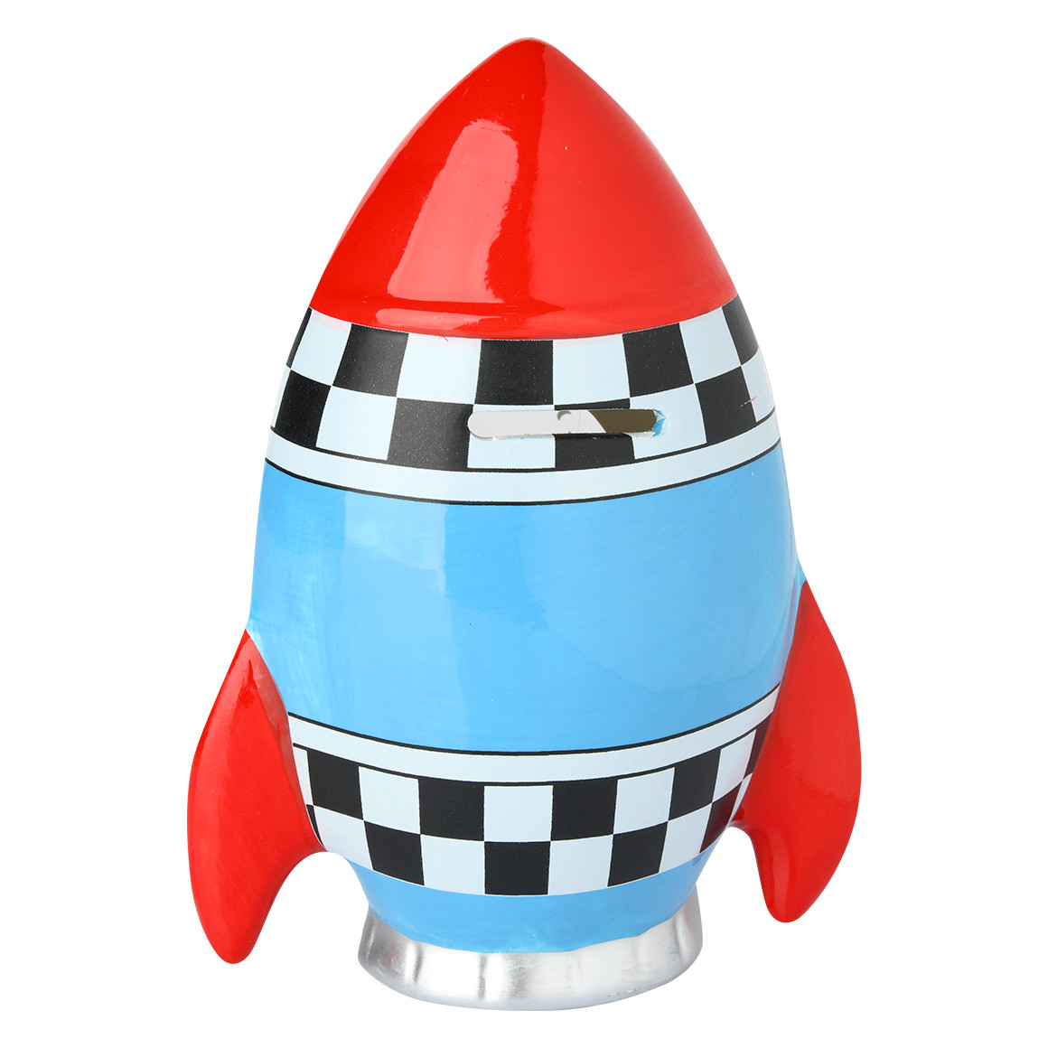Topolino Spardose im Raketen-Design rot / hellblau / silber