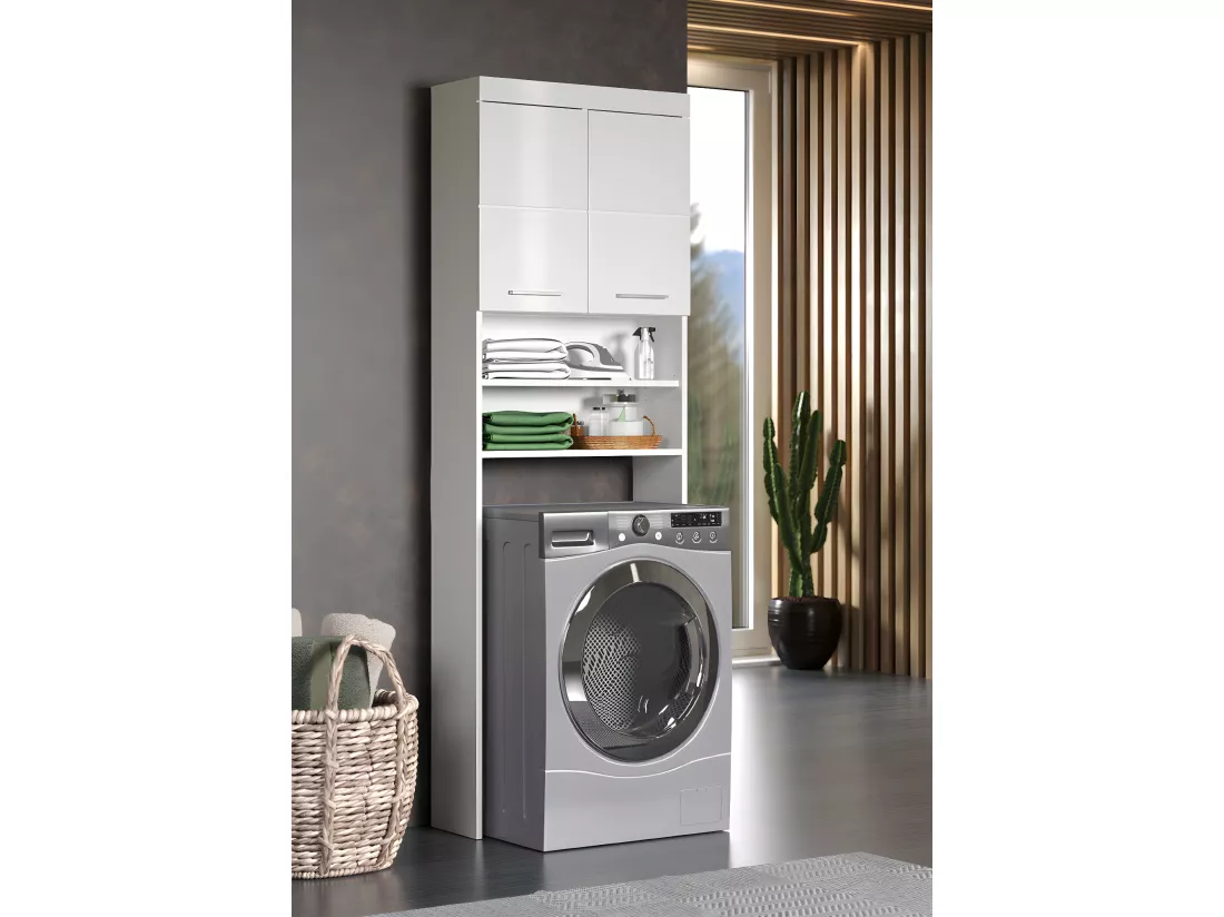 Meuble de rangement spécial de machine à laver ou WC coloris blanc brillant, blanc mat