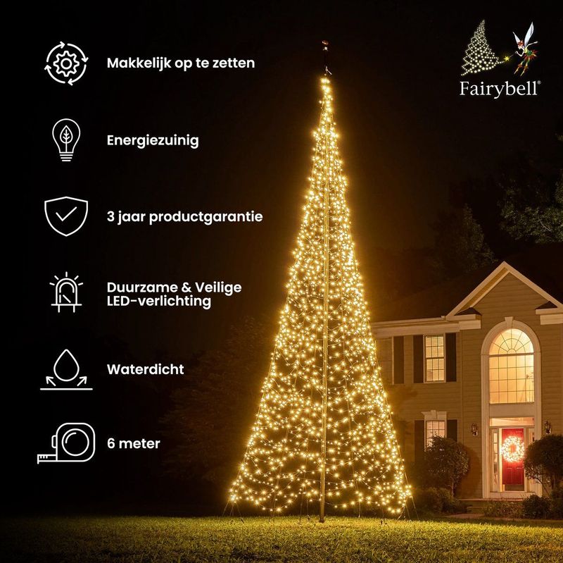 Fairybell Kerstboom voor in de vlaggenmast - 6 meter - 2000LEDs - Warm wit