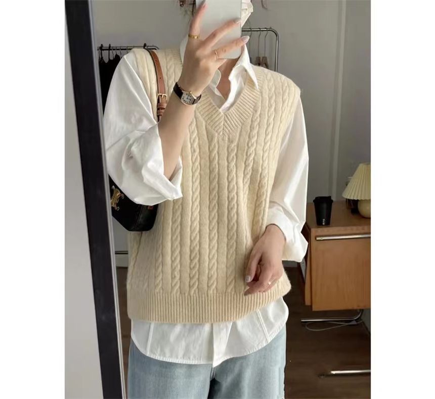 Keiko Girl - Effen shirt met lange mouwen en kraag / V-hals effen kabelgebreid vest