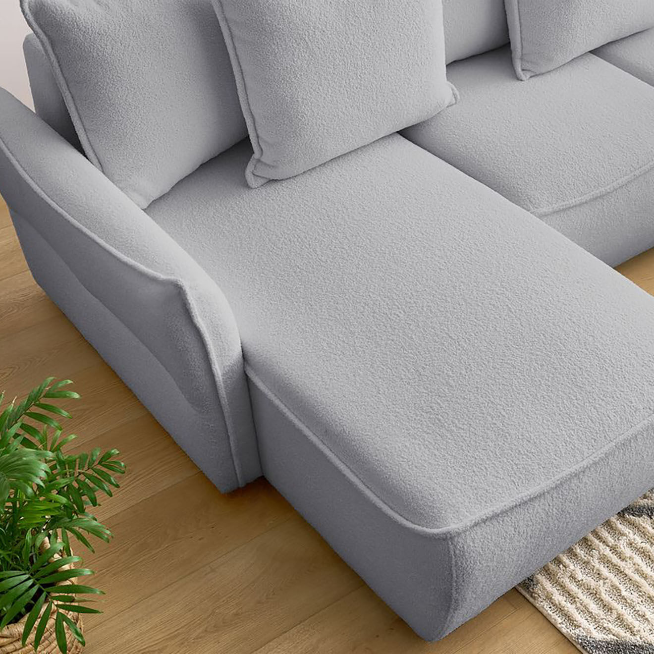 Bobochic Canapé panoramique convertible coffre d'angle gauche bouclette léon gris clair - 320x194x90 cm