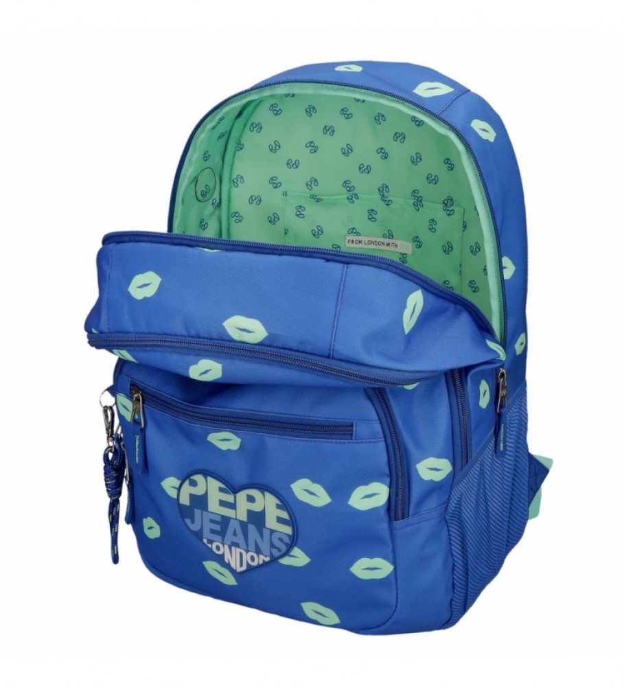 Mochila Pepe Jeans Ruth com zíper duplo e rodinhas - 32x44x22cm - Azul