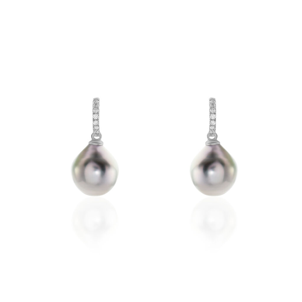 Boucles D'oreilles Puces Gatiene Or Blanc Perle De Culture Et Diamant