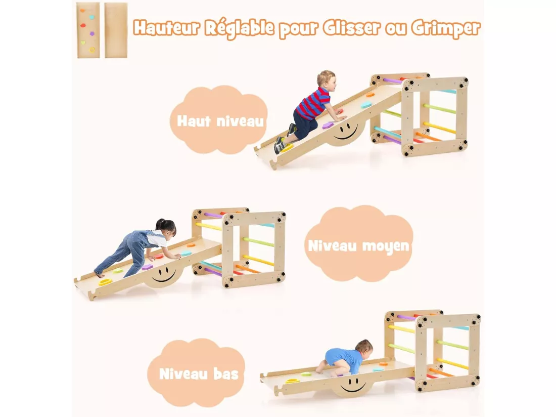 5 en 1 Échelle d'escalade Montessori Enfants avec Rampe Double Face & Réglable, Jouet d'escalade Pliable en Bois avec Toboggan & Bricolage Amusant, Charge 60kg pour Tout-Petits de 3 Ans+