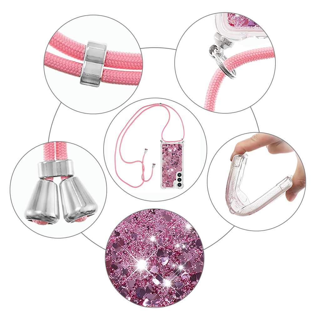 Samsung Galaxy S24 FE Necklace Gummi Hülle Liquid Glitzer   Handykette (130cm) - Pink / Roségold